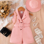 Girls Pink Belted Sleeveless Romper Set