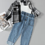 Girls Plaid Jacket and Denim Pants Set