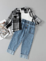 Girls Plaid Jacket and Denim Pants Set