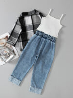 Girls Plaid Jacket and Denim Pants Set - Image 2