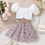 Girls White Puff Sleeve Top and Floral Skirt Set