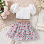 Girls White Puff Sleeve Top and Floral Skirt Set - Image 2