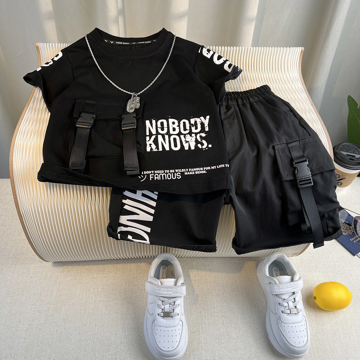 N293-159-1.jpg Kids Black Graphic T-Shirt and Shorts Set - Image 1