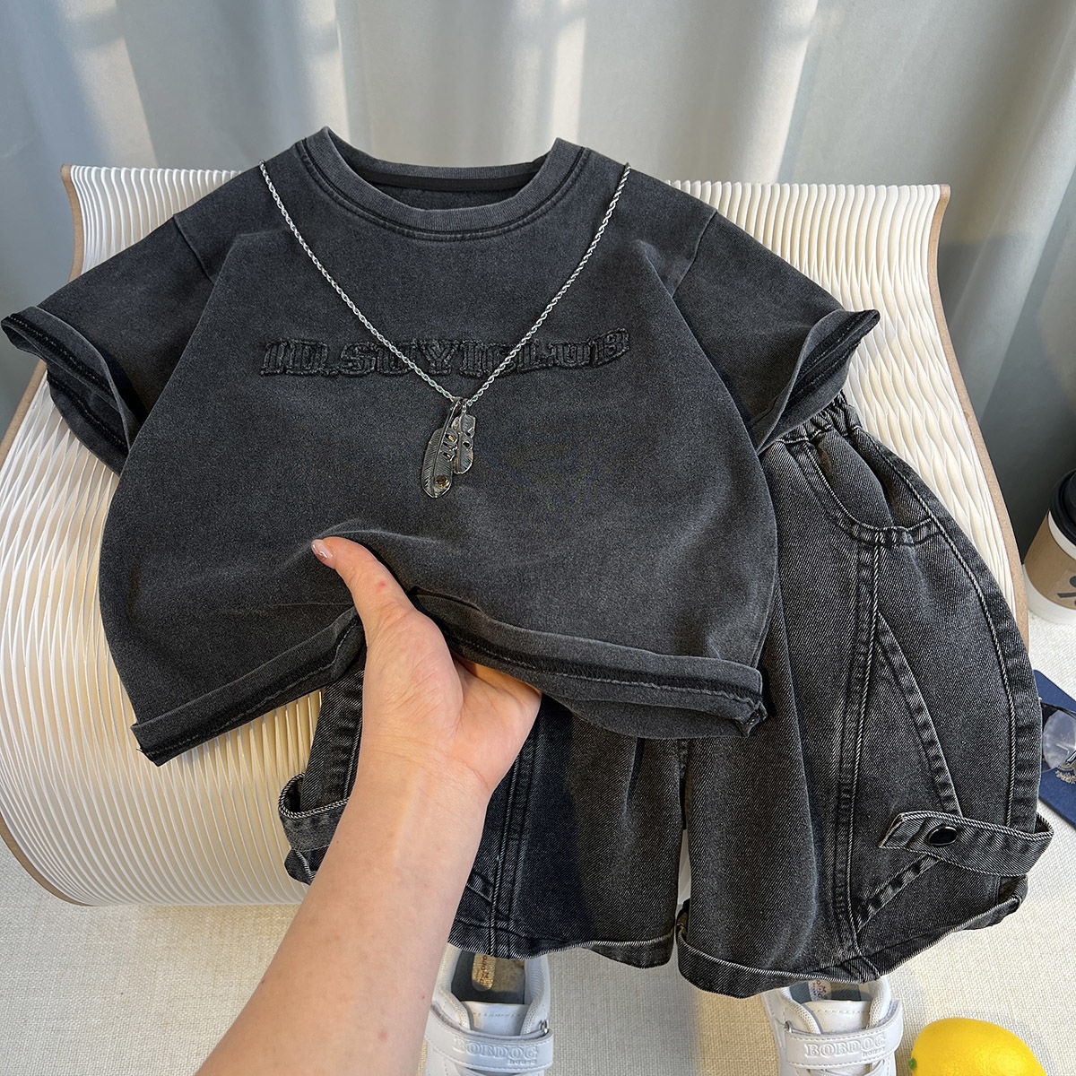 N293-160-1.jpg Black Washed T-Shirt and Shorts Set - Image 1