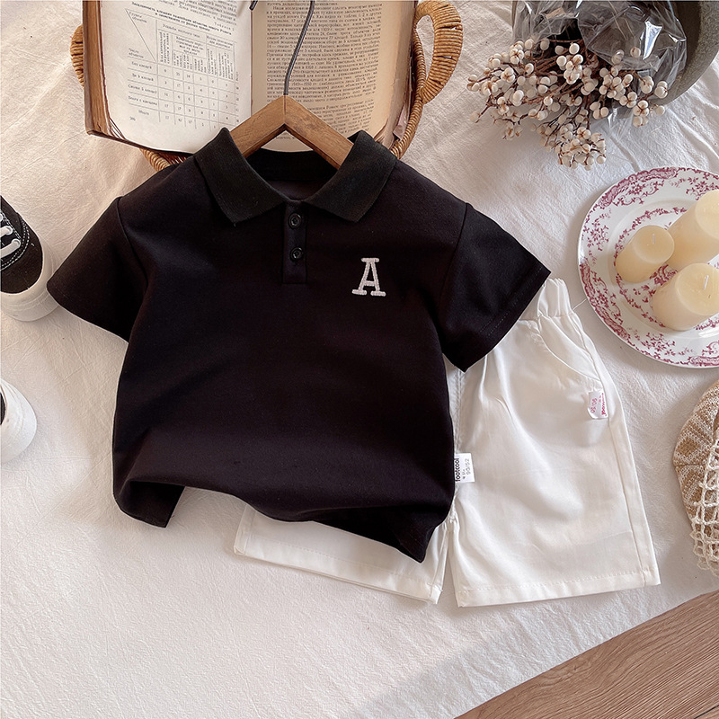 N294-363-1.jpg Kids Black Polo Shirt and White Shorts Set - Image 1