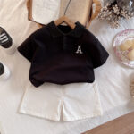 Kids Black Polo Shirt and White Shorts Set - Image 2