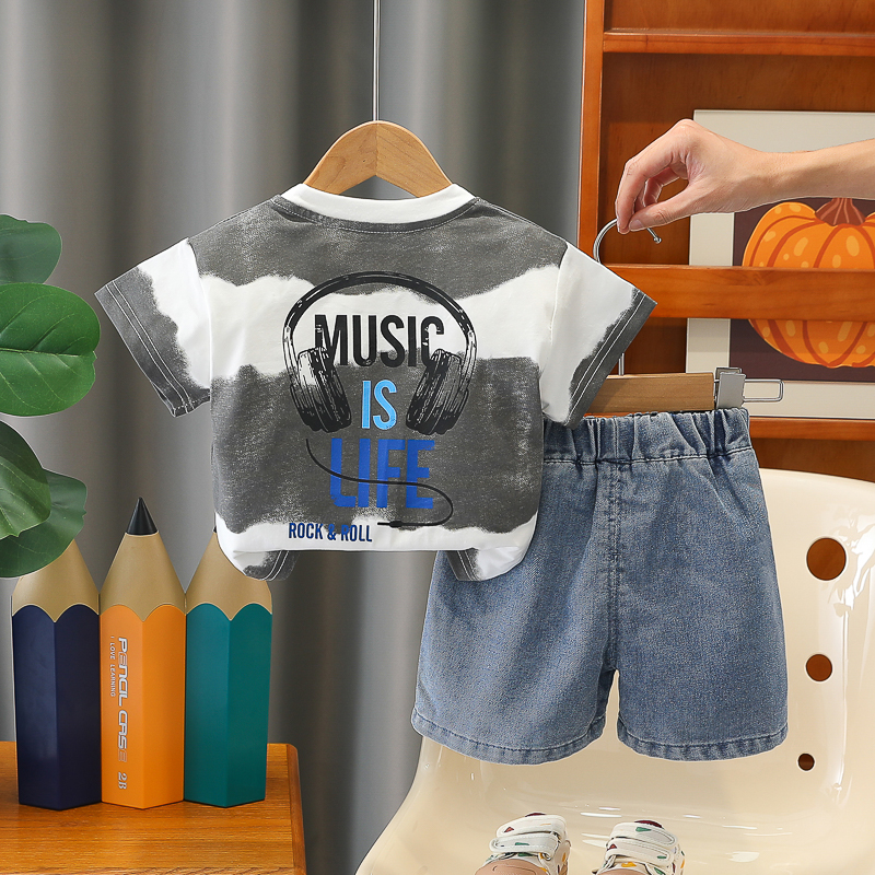 N294-408-4.jpg Kids Music Graphic T-Shirt and Denim Shorts Set - Image 1