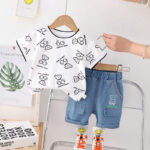 Kids Bear Print T-Shirt and Denim Shorts Set - Image 4