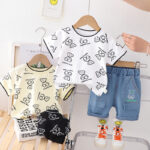 Kids Bear Print T-Shirt and Denim Shorts Set