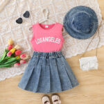 Girls Los Angeles Pink Top and Denim Skirt Set