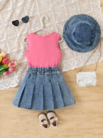 Girls Los Angeles Pink Top and Denim Skirt Set - Image 2