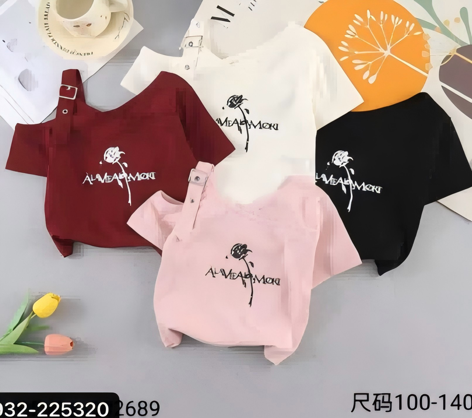 N307-265.png Girls Asymmetrical Strap Floral T-Shirt - Image 1