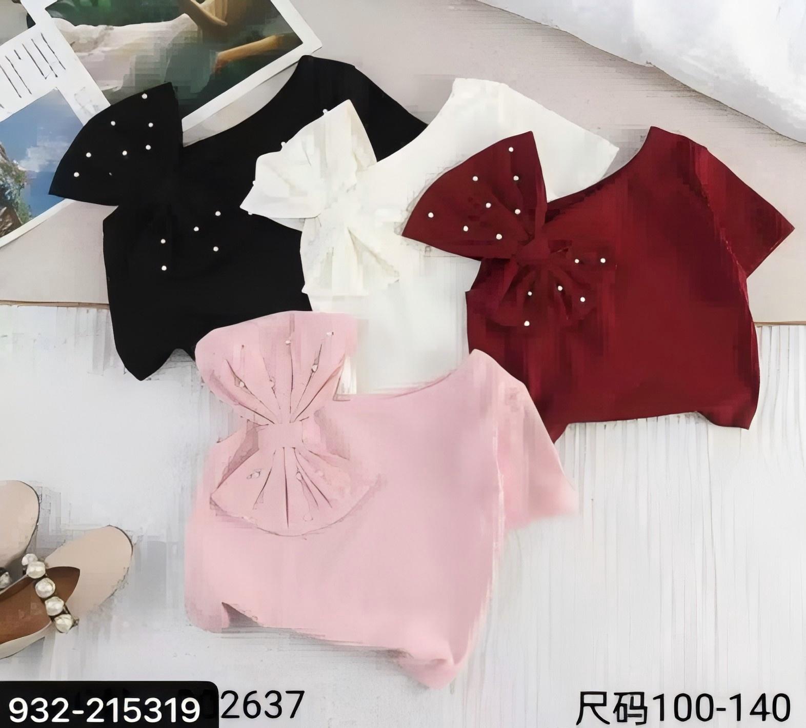 N307-287.jpg Girls Pearl Bow Short Sleeve Tops - Image 1