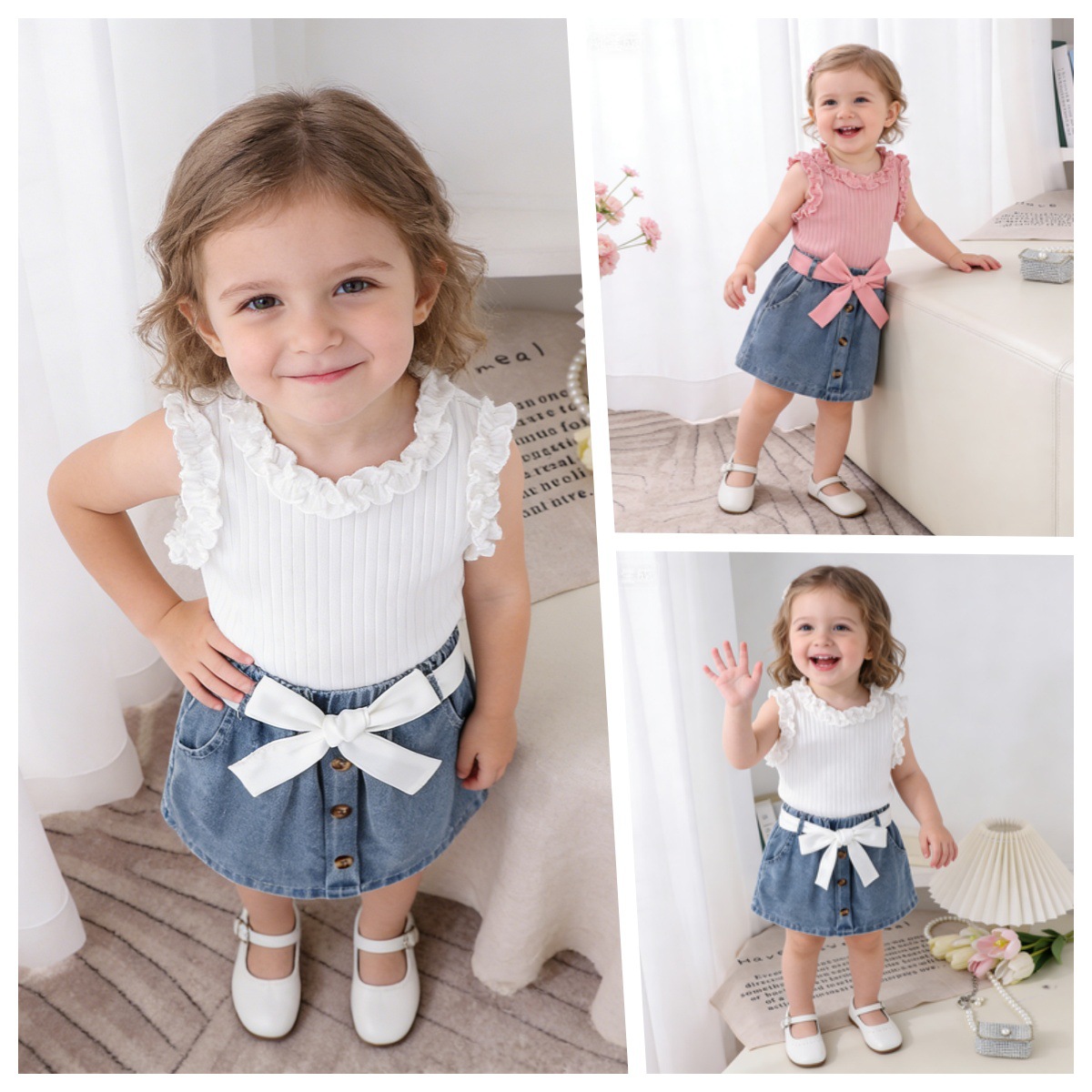 SG-2602008-2.jpg Toddler Ruffle Top and Denim Skirt Set - Image 1