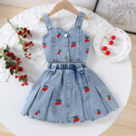 Girls Denim Cherry Embroidered Skirt Set