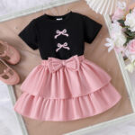 Girls Black Bow Top and Pink Skirt Set - Image 2