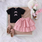 Girls Black Bow Top and Pink Skirt Set