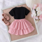 Girls Black Bow Top and Pink Skirt Set - Image 4