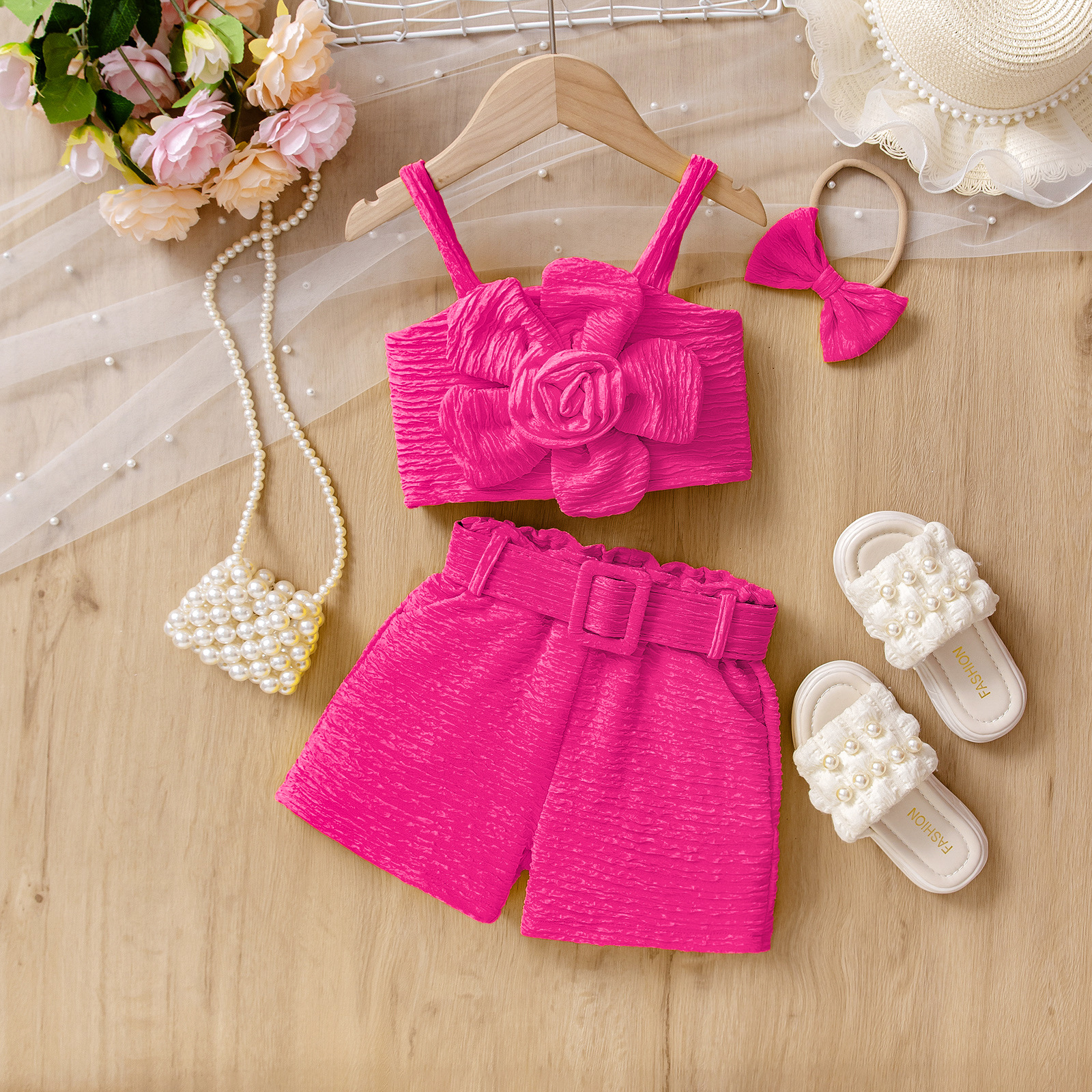 SG-2602019.jpg Girls Pink Flower Top and Shorts Set - Image 1