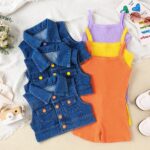 Girls Denim Vest and Ribbed Romper Set