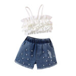 Girls Ruffle Crop Top and Pearl Denim Shorts Set - Image 2