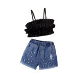 Girls Ruffle Crop Top and Pearl Denim Shorts Set - Image 3