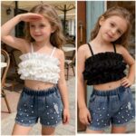 Girls Ruffle Crop Top and Pearl Denim Shorts Set - Image 4