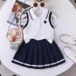 Girls Navy and White Sleeveless Skirt Set