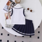 Girls Navy and White Sleeveless Skirt Set - Image 2