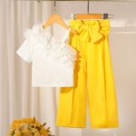 Girls White Ruffle Top and Yellow Pants Set - Image 2