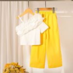 Girls White Ruffle Top and Yellow Pants Set