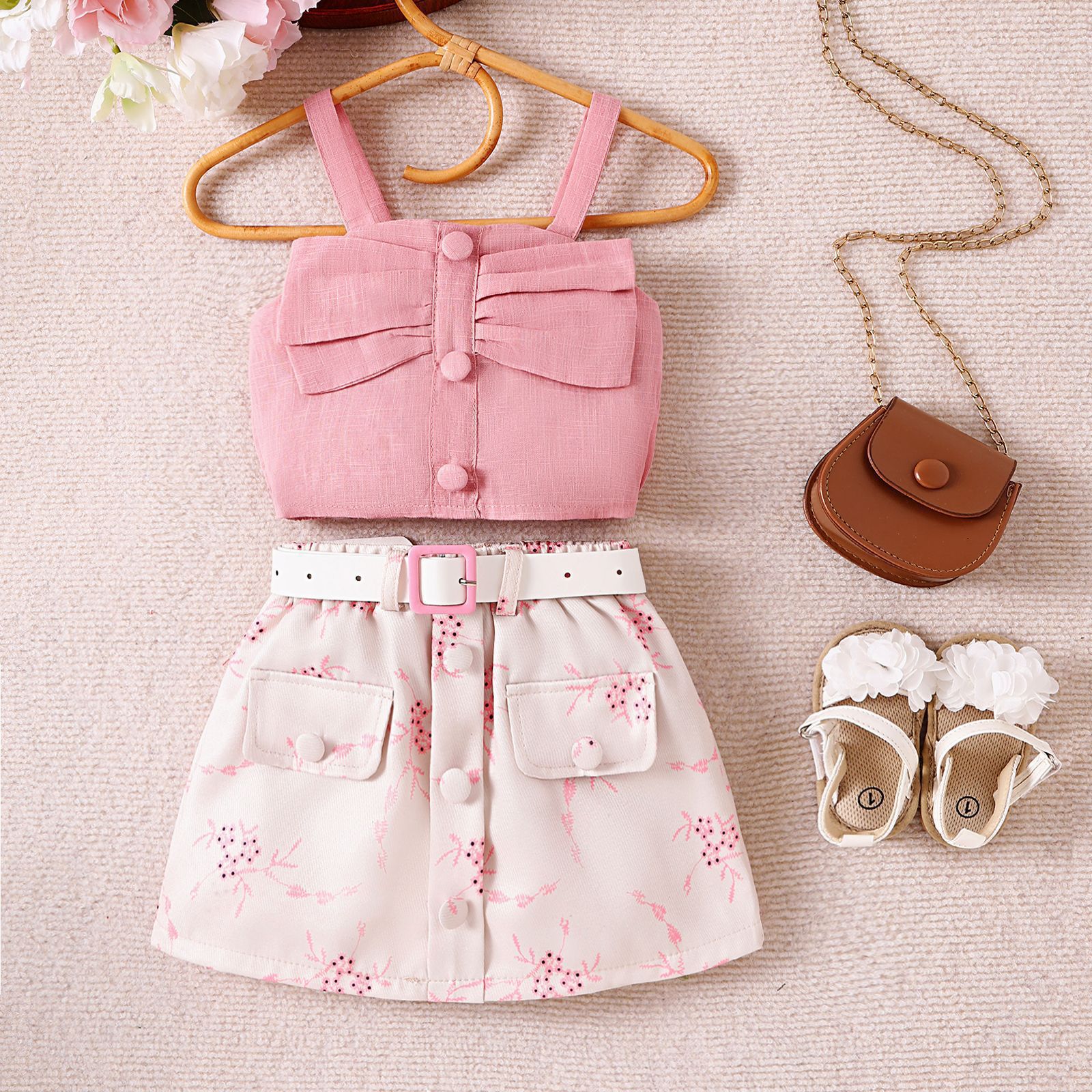 SG-2602076-1.jpg Girls Pink Top and Floral Skirt Set - Image 1