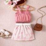 Girls Pink Top and Floral Skirt Set - Image 3