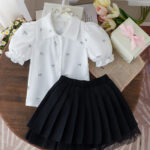 Girls White Puff Sleeve Top and Black Skirt Set