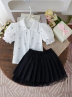 Girls White Puff Sleeve Top and Black Skirt Set