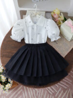 Girls White Puff Sleeve Top and Black Skirt Set - Image 2
