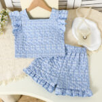 Girls Blue Floral Ruffle Two Piece Set