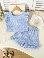 Girls Blue Floral Ruffle Two Piece Set