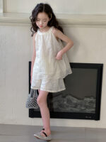 Girls White Lace Sleeveless Top and Shorts Set - Image 2