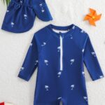Baby Blue Palm Tree Swimsuit and Hat Set