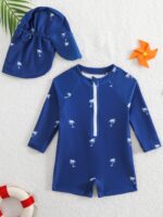 Baby Blue Palm Tree Swimsuit and Hat Set