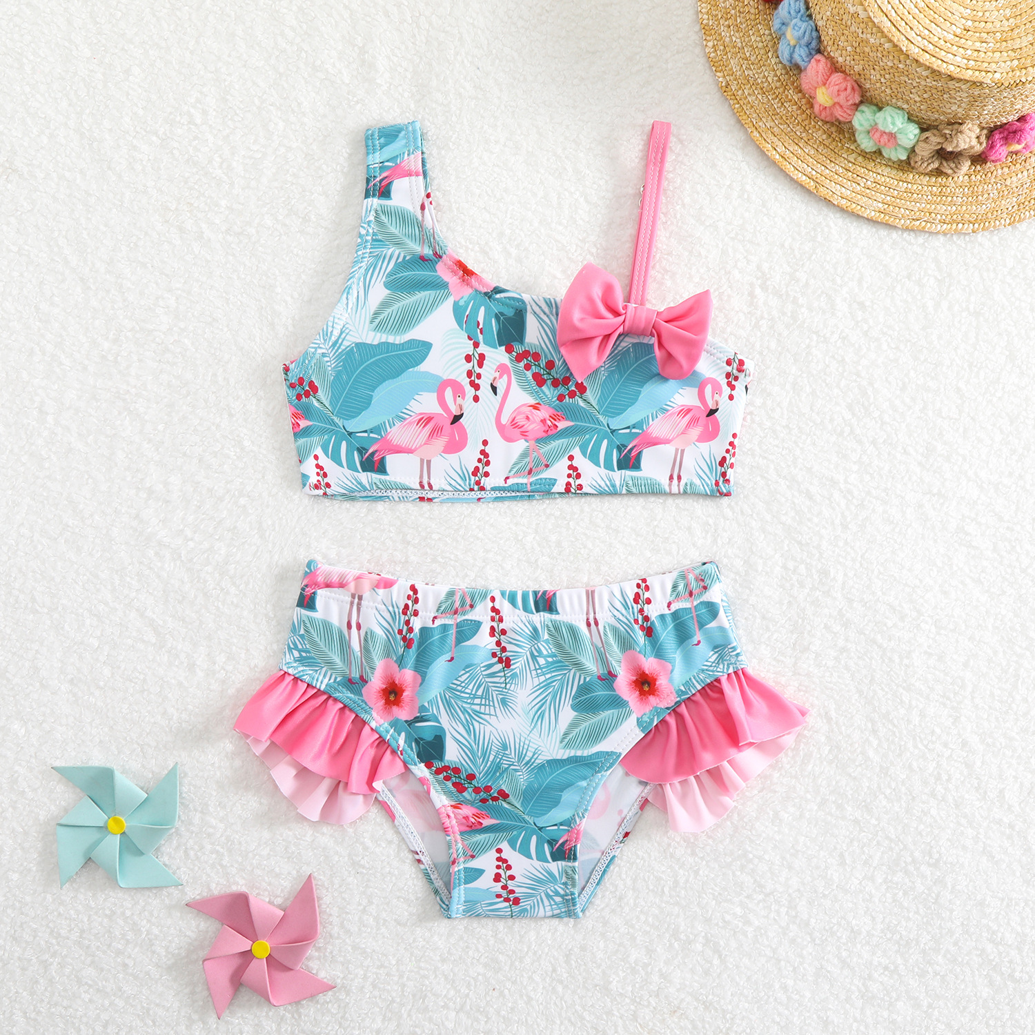 TM-2603144-1.jpg Girls Flamingo Print Ruffle Bikini Set - Image 1