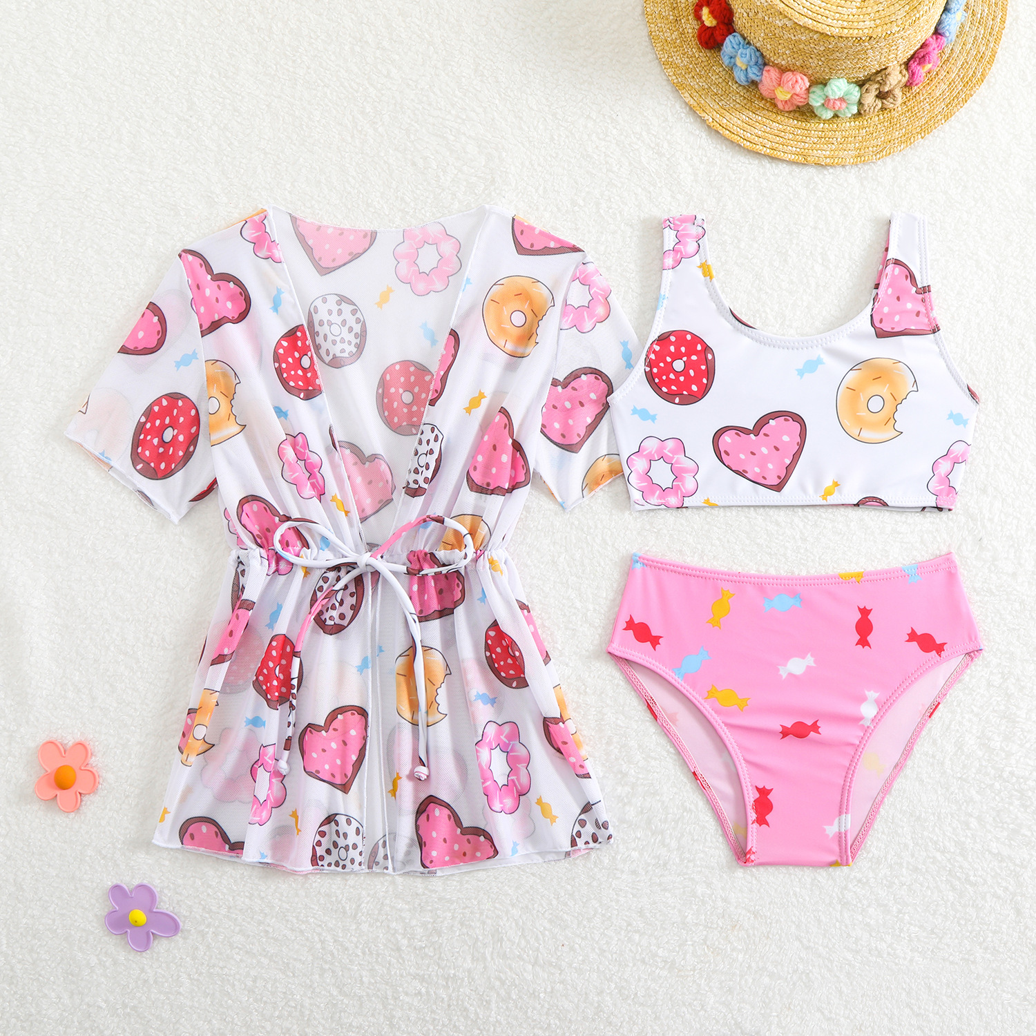 TM-2603158-4.jpg Girls Donut Print Swimsuit and Cover Up Set - Image 1