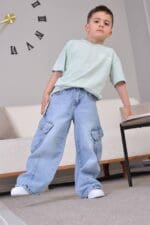 Kids Light Wash Denim Cargo Pants - Image 2