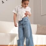 Kids White Short Sleeve Shirt and Distressed Jeans