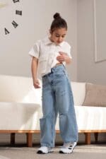 Kids White Short Sleeve Shirt and Distressed Jeans