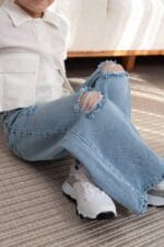 Kids White Short Sleeve Shirt and Distressed Jeans - Image 2