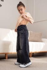Kids Black Distressed Wide Leg Jeans