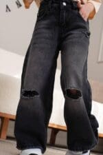 Kids Black Distressed Wide Leg Jeans - Image 2