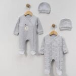 Baby Grey Cotton Sleepsuit and Hat Set